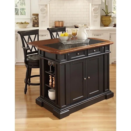 Kitchen Island with Granite Top, Storage Features and Extendable Top and Two Swivel Stools